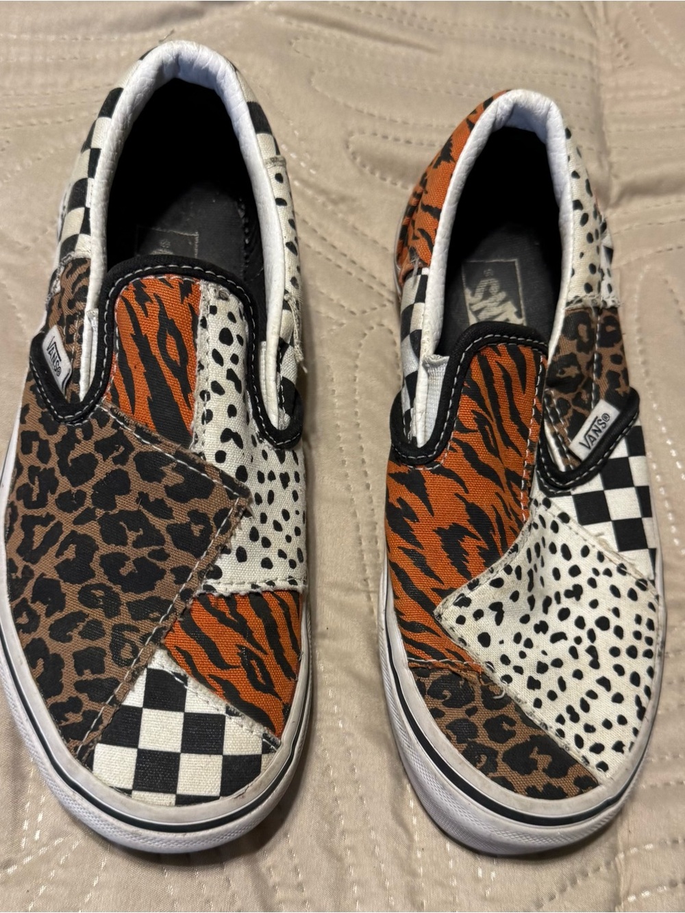 Vans Kids Slip-On Animal Print Patchwork Shoes - Orange/Brown/Black Sz 2.5